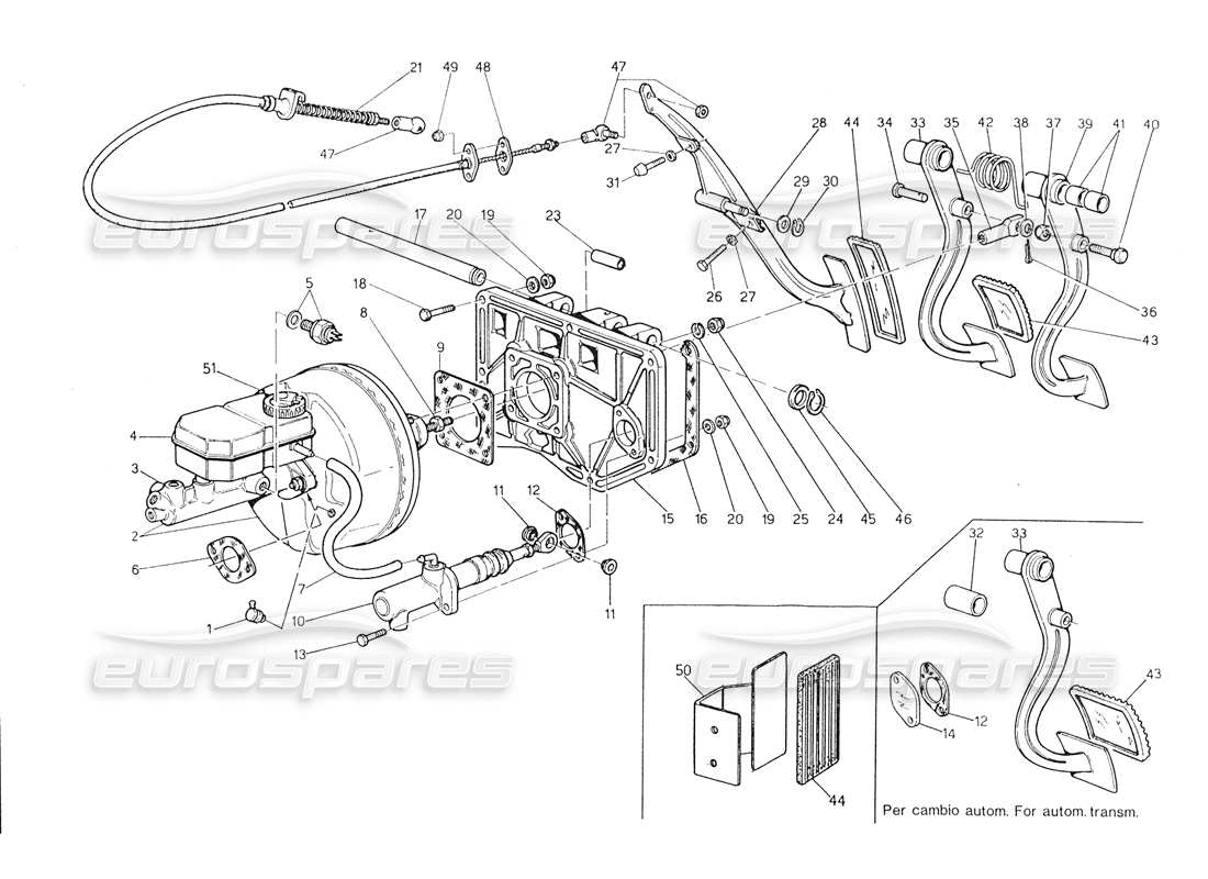 maserati biturbo spider gruppo pedale - pompa frizione servofreno per guida a sinistra schema delle parti