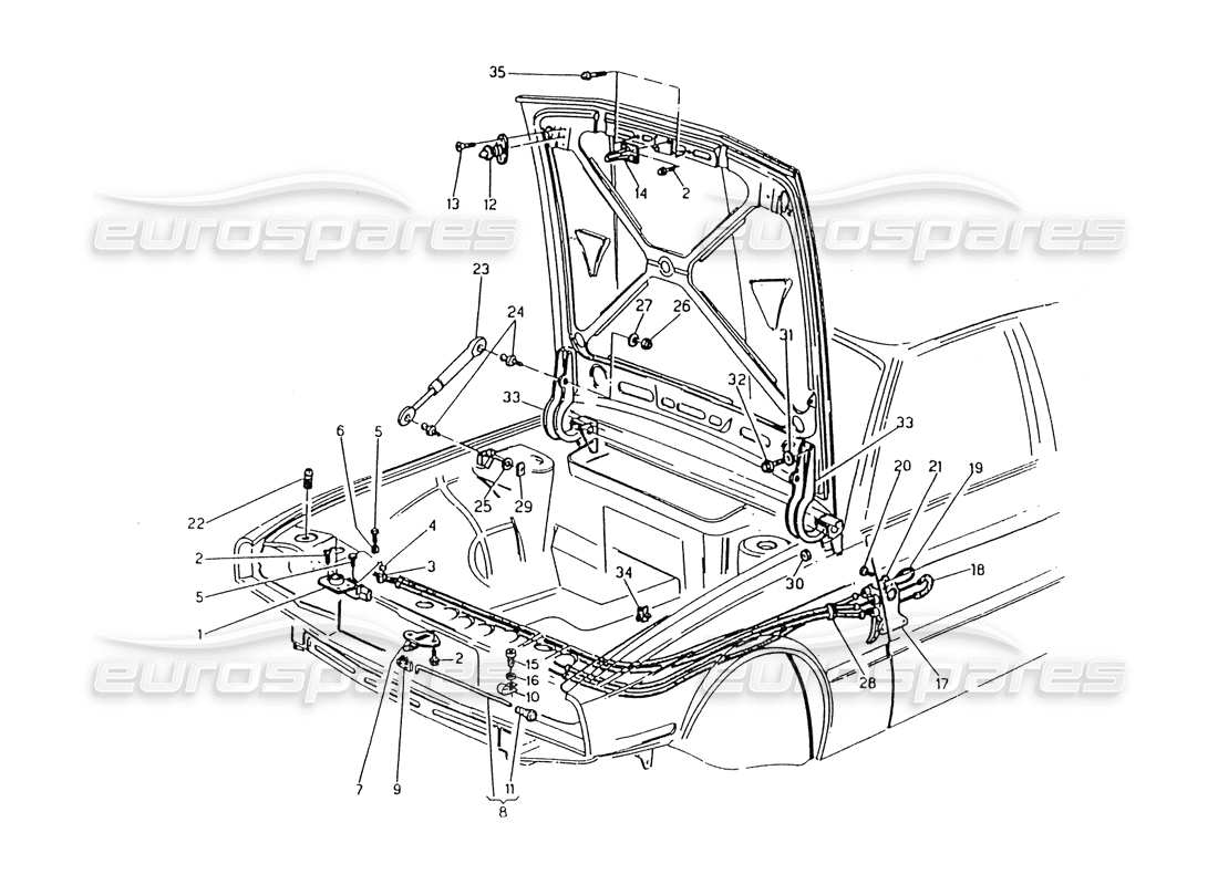 maserati 418 / 4.24v / 430 schema delle parti del cofano motore, delle cerniere e dei comandi di apertura