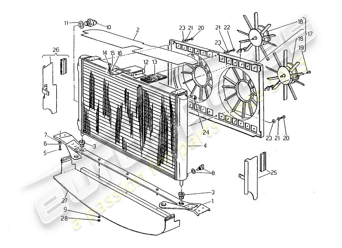 maserati 418 / 4.24v / 430 diagramma delle parti del radiatore e delle ventole di raffreddamento