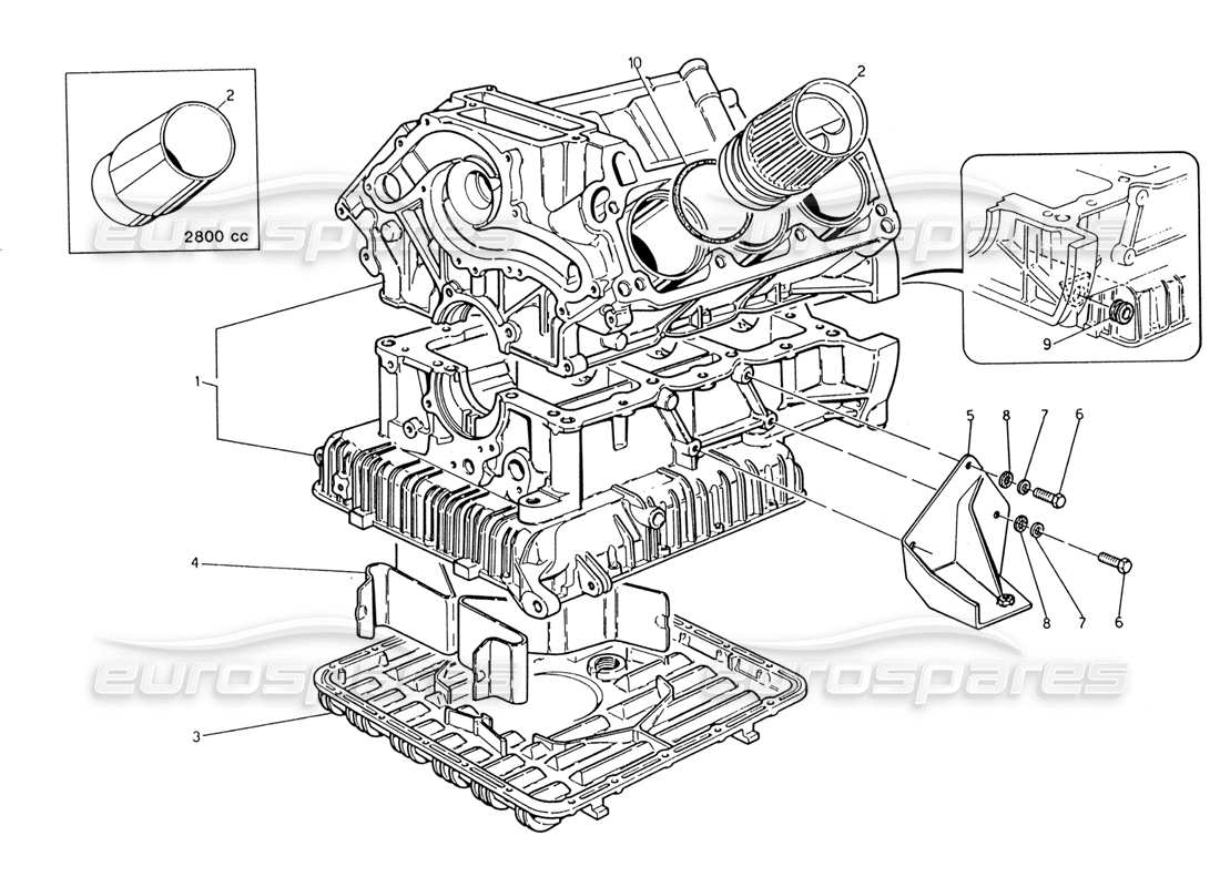 maserati 222 / 222e biturbo diagramma delle parti del blocco cilindri e della coppa dell'olio