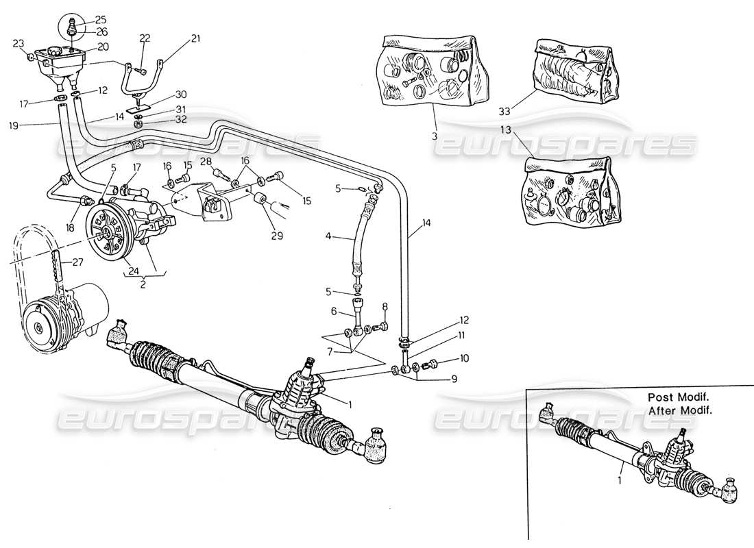 maserati 222 / 222e biturbo schema delle parti del sistema di servosterzo (sterzo sinistro).