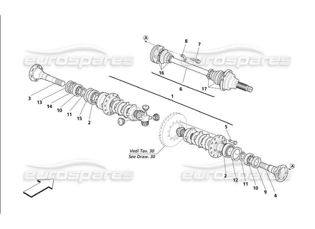 maserati 4200 gransport (2005) diagramma delle parti del differenziale e degli alberi dell'asse