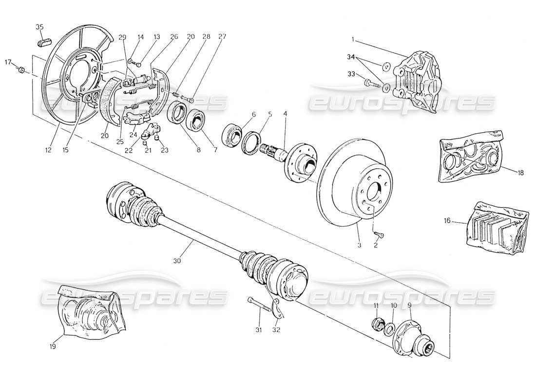 maserati karif 2.8 mozzi, freni posteriori e alberi di trasmissione diagramma delle parti