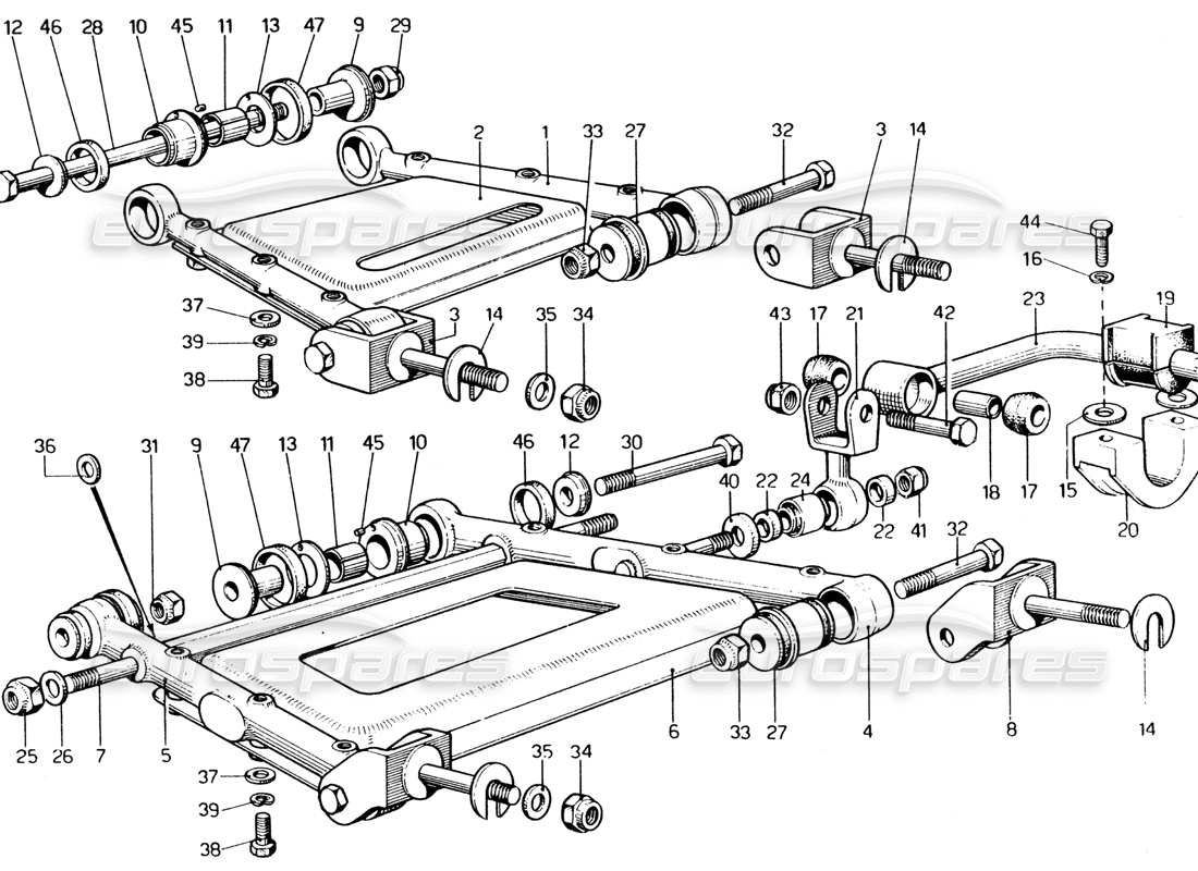 ferrari 365 gt4 2+2 (1973) sospensioni posteriori - schema delle parti bracci trasversali