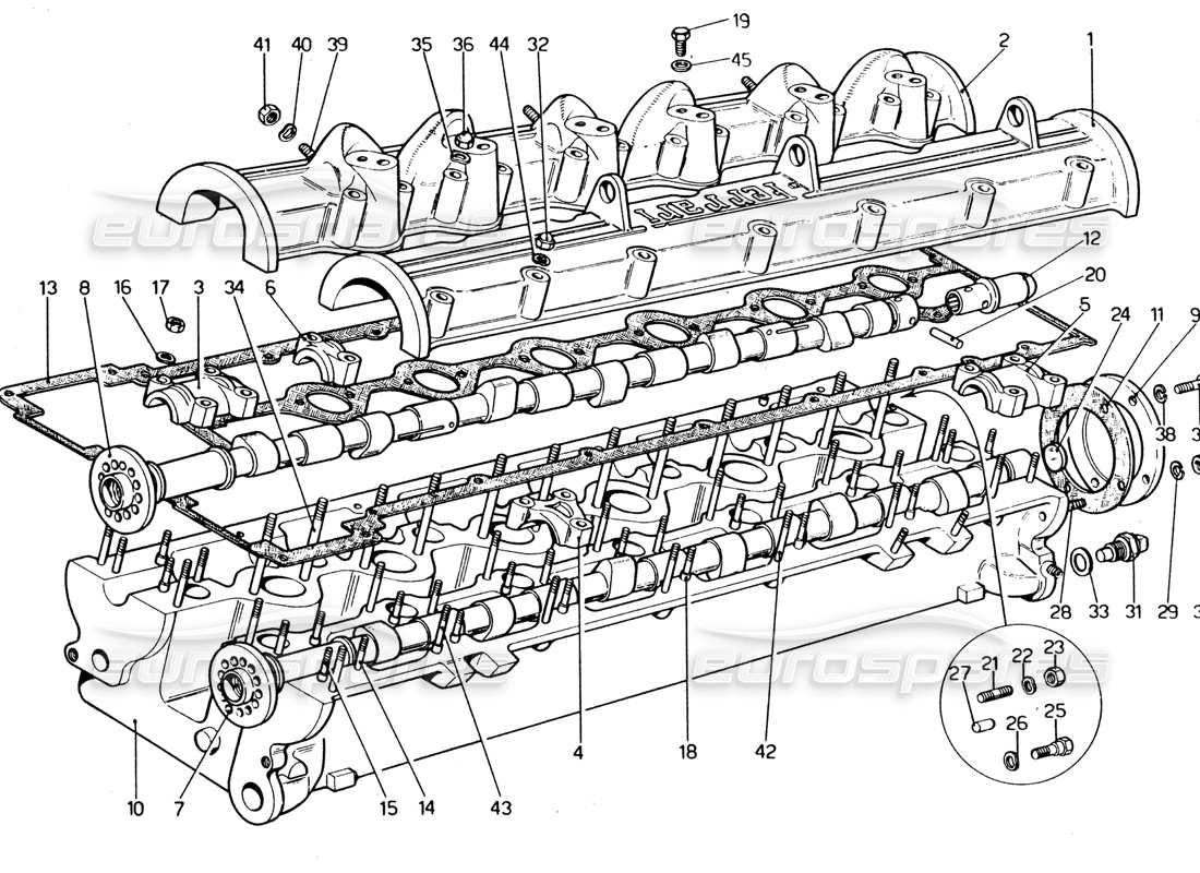 ferrari 365 gt4 2+2 (1973) diagramma delle parti della testata (destra).
