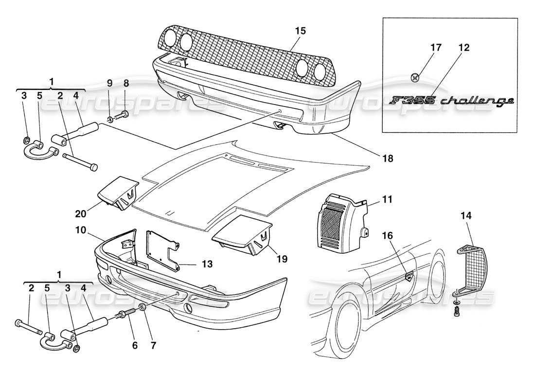 ferrari 355 challenge (1999) diagramma delle parti degli elementi esterni del corpo