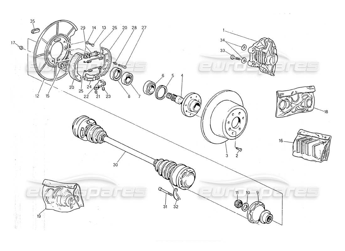 maserati 2.24v schema delle parti di mozzi, freni posteriori e alberi di trasmissione