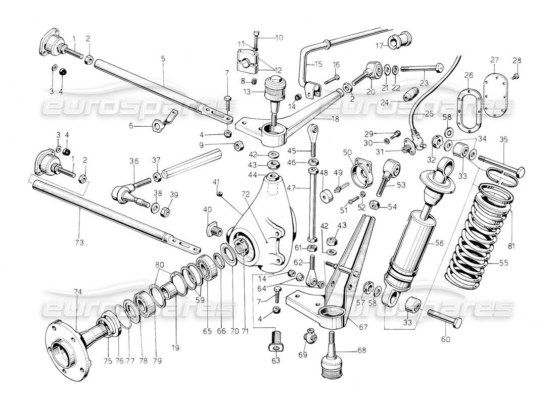 lamborghini countach 5000 qvi (1989) diagramma delle parti della sospensione anteriore