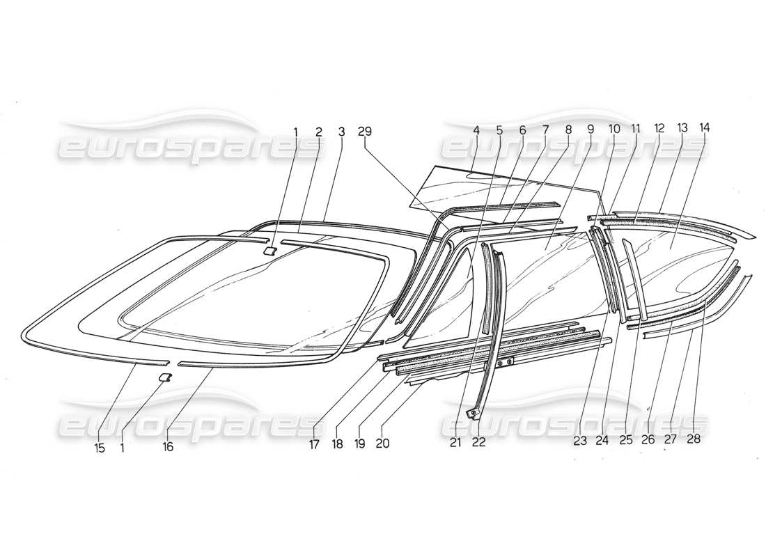 lamborghini urraco p300 diagramma delle parti di parabrezza e occhiali