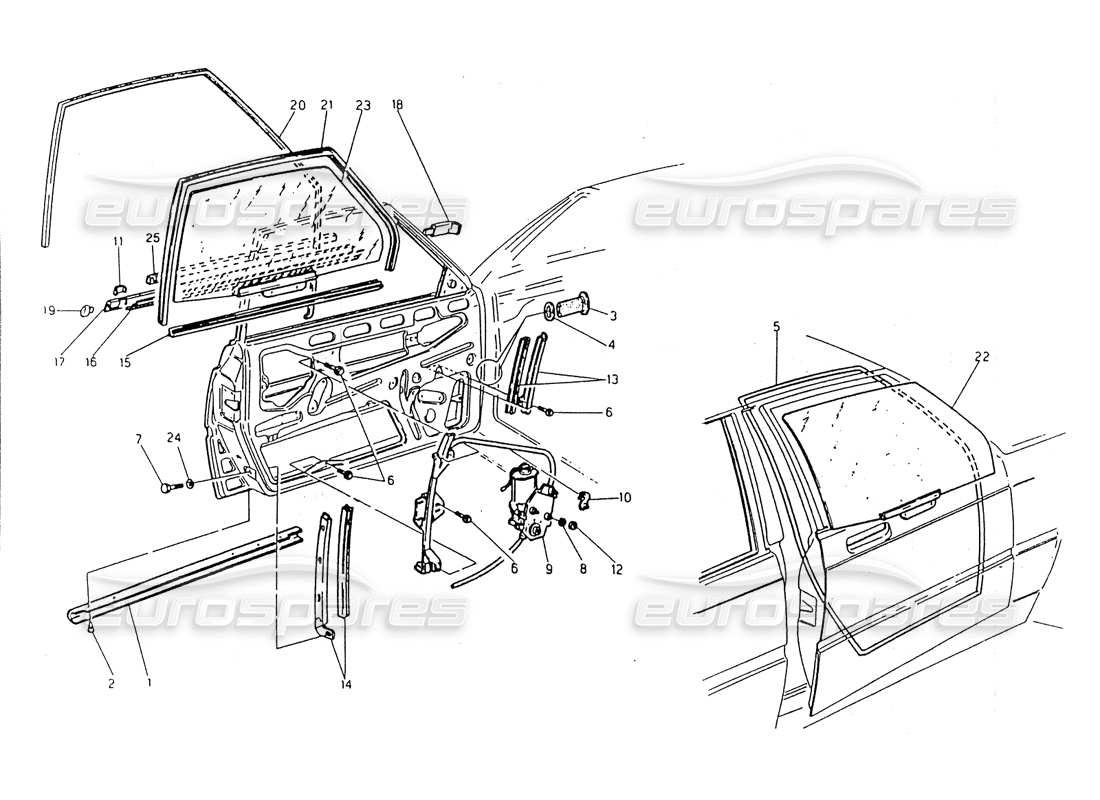 maserati 418 / 4.24v / 430 diagramma delle parti di porte anteriori, vetri e alzacristalli