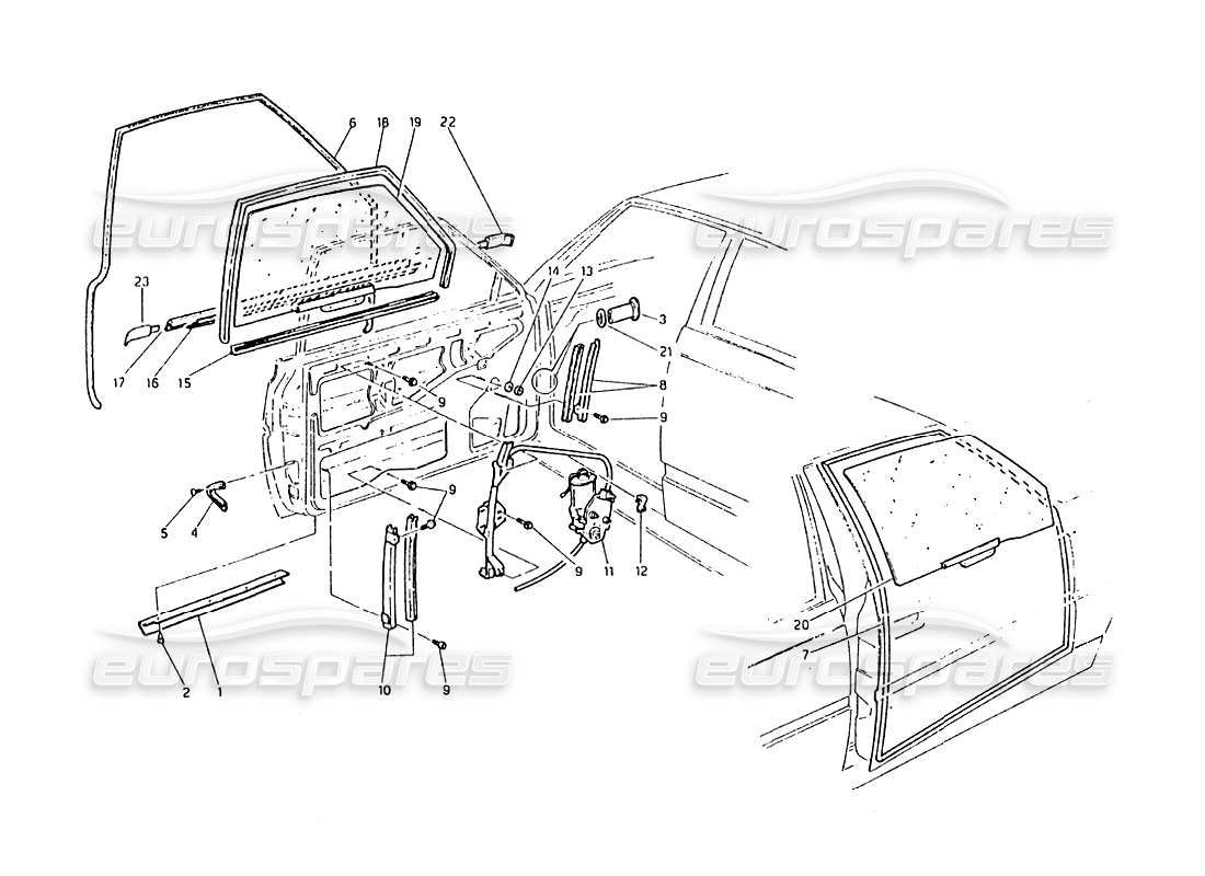 maserati biturbo 2.5 (1984) porte: diagramma delle parti di finestre e regolatori