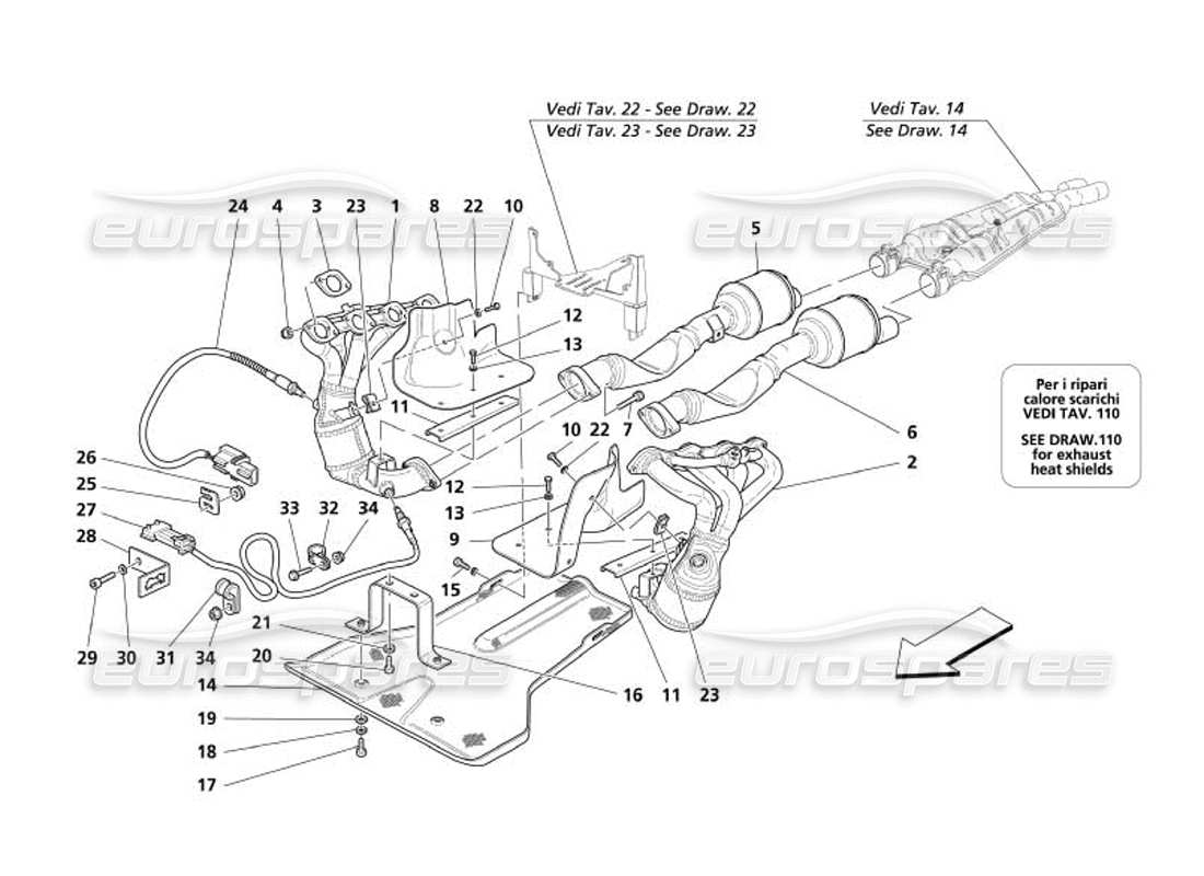 maserati 4200 spyder (2005) impianto di scarico -variazioni per usa e cdn- schema delle parti