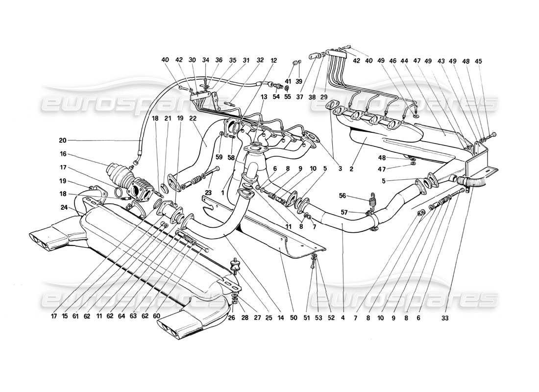 ferrari 208 turbo (1982) impianto di scarico diagramma delle parti