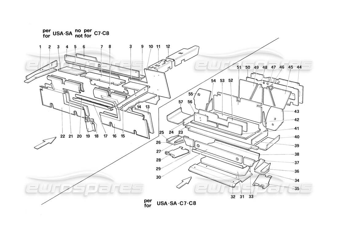 ferrari mondial 3.2 qv (1987) bagagli e vano passeggeri, isolamento - diagramma delle parti della cabriolet