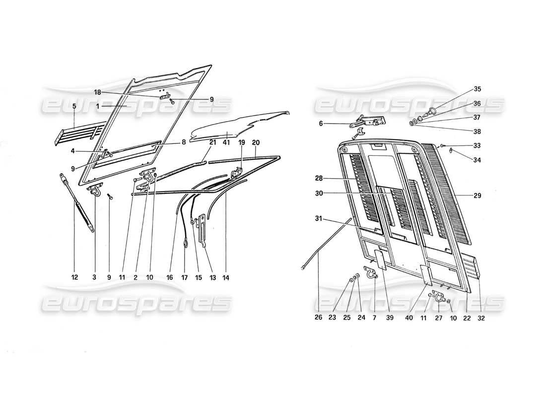 ferrari 288 gto diagramma delle parti del cofano anteriore e posteriore