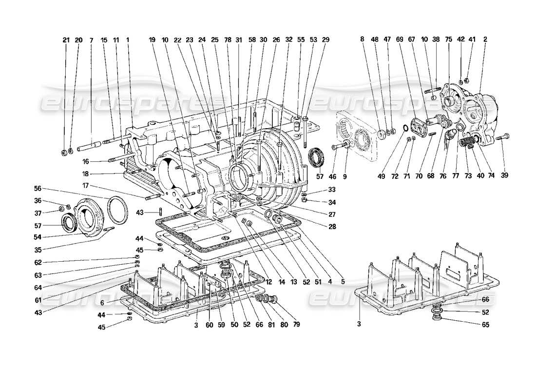ferrari mondial 3.2 qv (1987) schema delle parti del cambio: alloggiamento del differenziale e coppa dell'olio