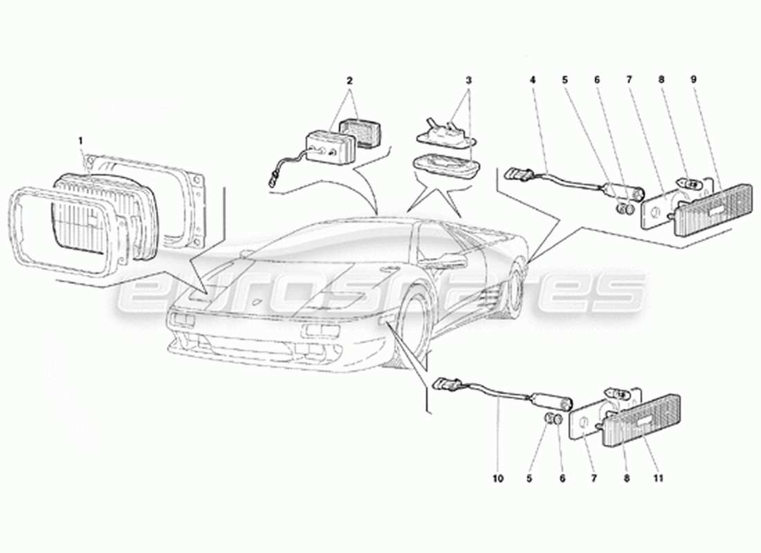 lamborghini diablo vt (1994) diagramma delle parti delle luci (valido per la versione canadese - 1994 aprile).