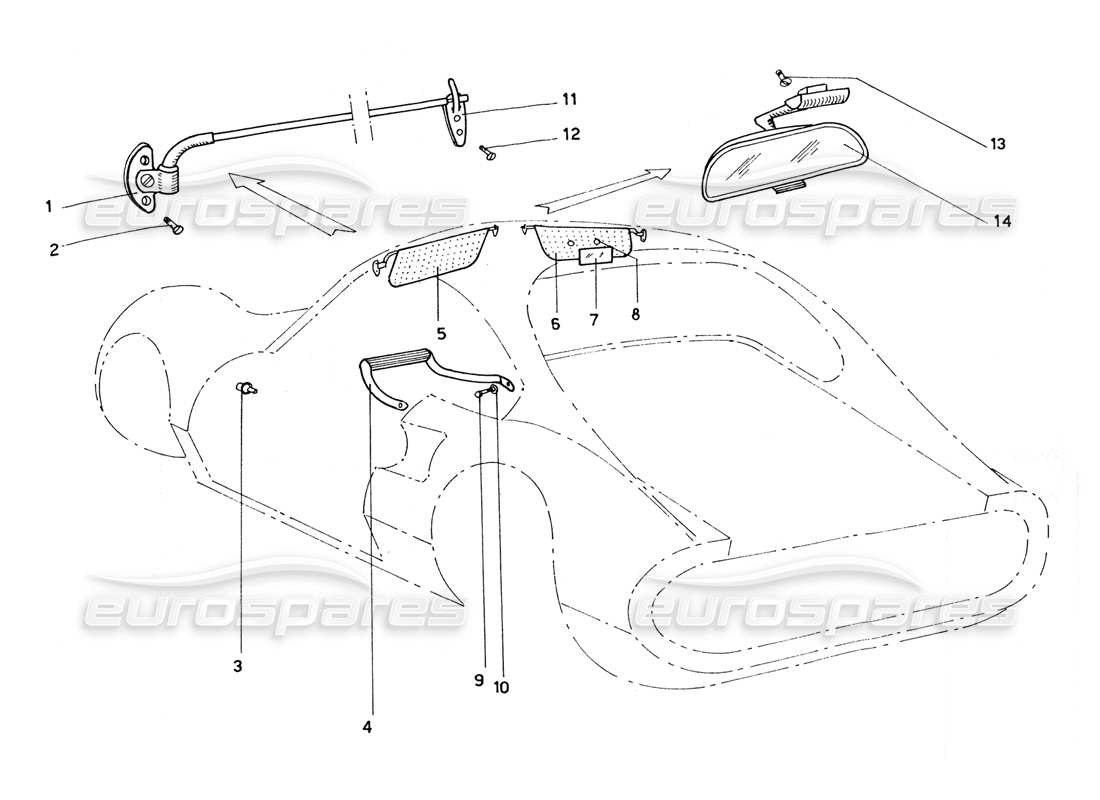 ferrari 206 gt dino (coachwork) schema delle parti delle alette parasole e dello specchietto retrovisore