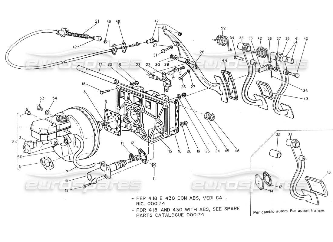 maserati 418 / 4.24v / 430 pedaliera e servofreno. schema della parte dello sterzo sinistro