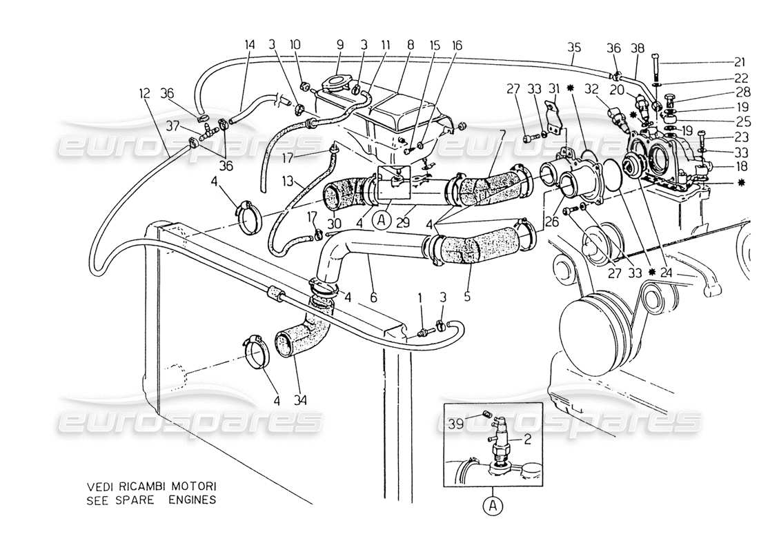 maserati 418 / 4.24v / 430 raffreddamento del motore, diagramma delle parti 4v