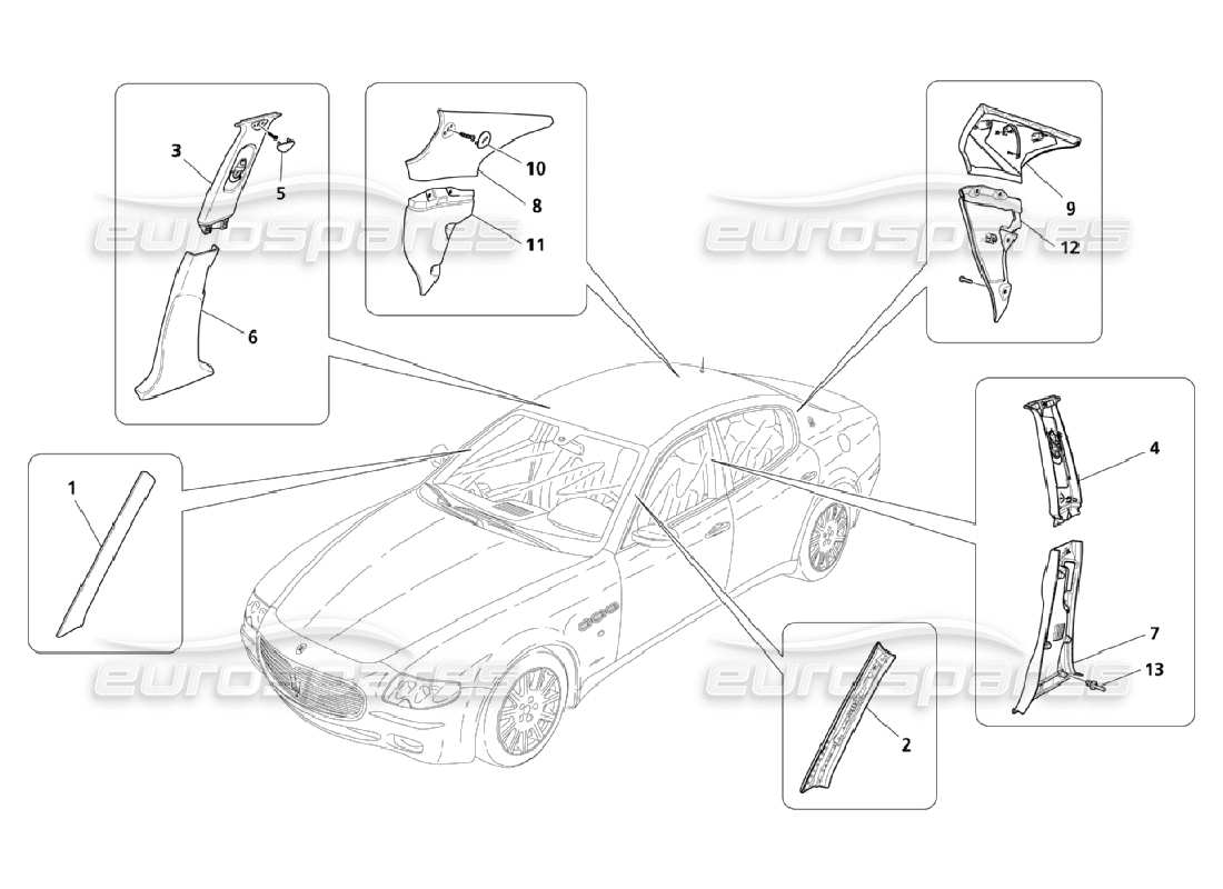 maserati qtp. (2006) 4.2 schema delle parti della tappezzeria del montante dell'abitacolo e dei fianchi laterali