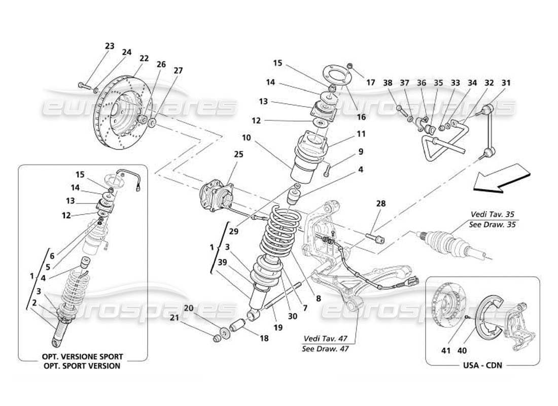 maserati 4200 coupe (2005) sospensione posteriore: schema delle parti dell'ammortizzatore e del disco freno