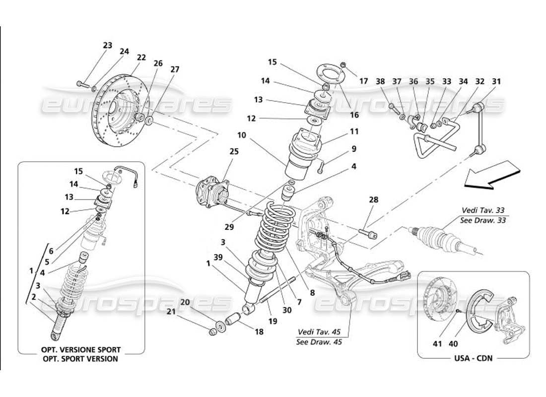 maserati 4200 gransport (2005) sospensione posteriore: schema delle parti dell'ammortizzatore e del disco freno