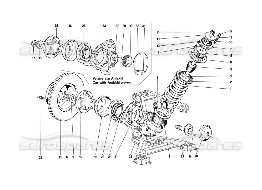 ferrari mondial 3.2 qv (1987) sospensione anteriore - ammortizzatore e disco freno schema delle parti