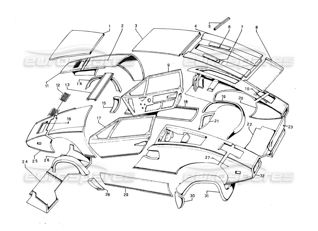 lamborghini countach 5000 qvi (1989) diagramma delle parti del rivestimento esterno