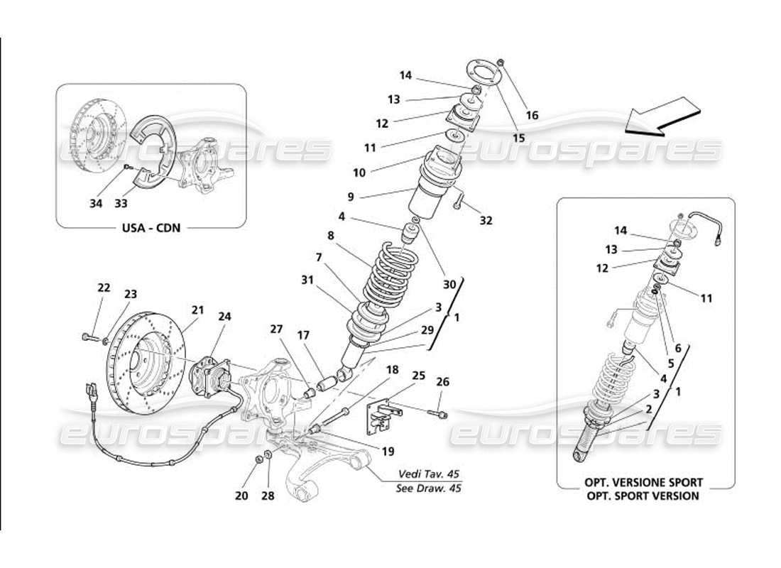 maserati 4200 spyder (2005) sospensione anteriore - ammortizzatore e disco freno schema delle parti
