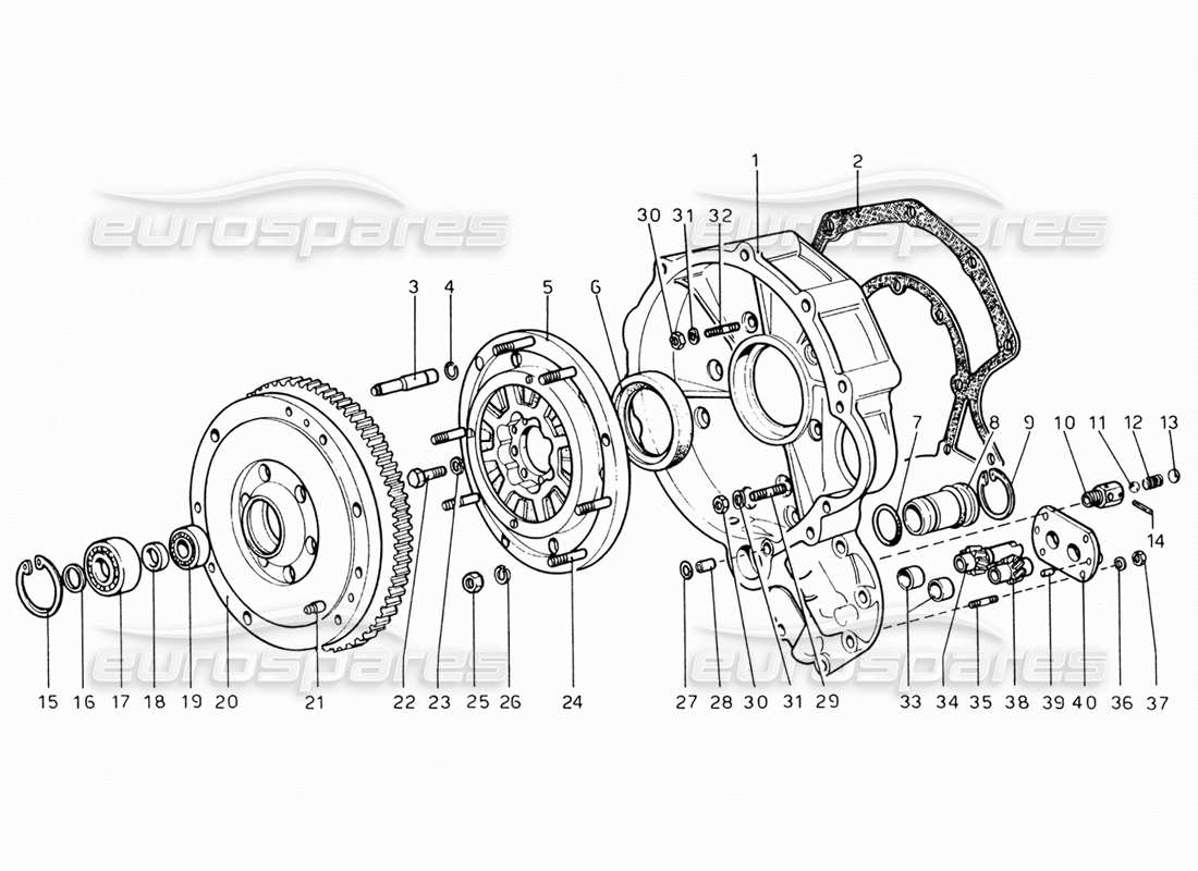 ferrari 206 gt dino (1969) schema delle parti dell'alloggiamento del volano e della scatola ingranaggi intermedia