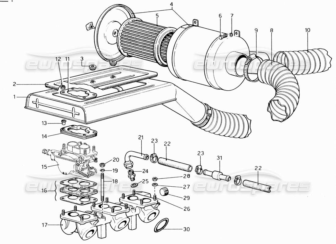 ferrari 206 gt dino (1969) diagramma delle parti del filtro dell'aria e dei collettori