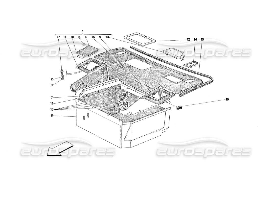 ferrari 348 (1993) tb / ts scomparti anteriori schema delle parti della moquette