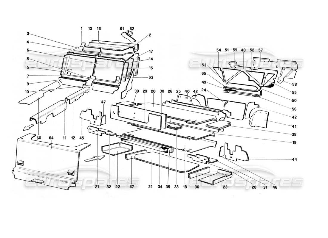 ferrari 328 (1988) diagramma delle parti isolamento bagagli e abitacolo (per usa - aus - sa - j).