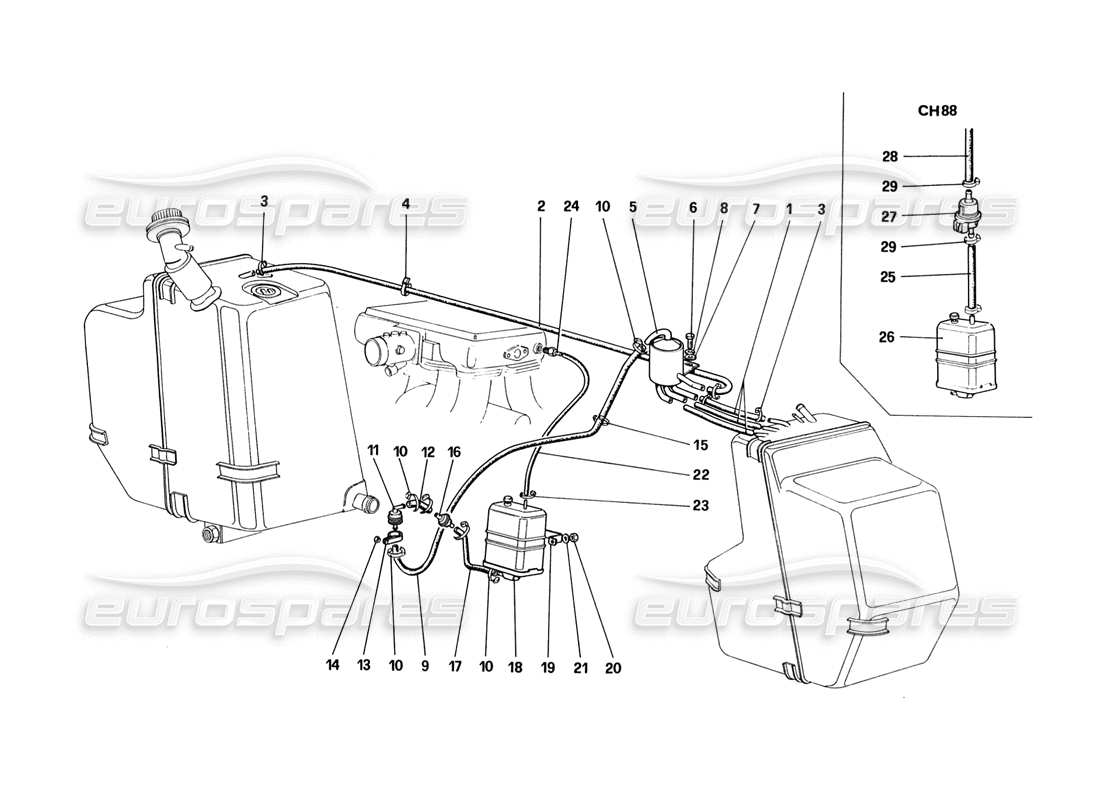 ferrari 328 (1988) diagramma delle parti del sistema di controllo delle emissioni antievaporative (per usa - versione sa e ch88).