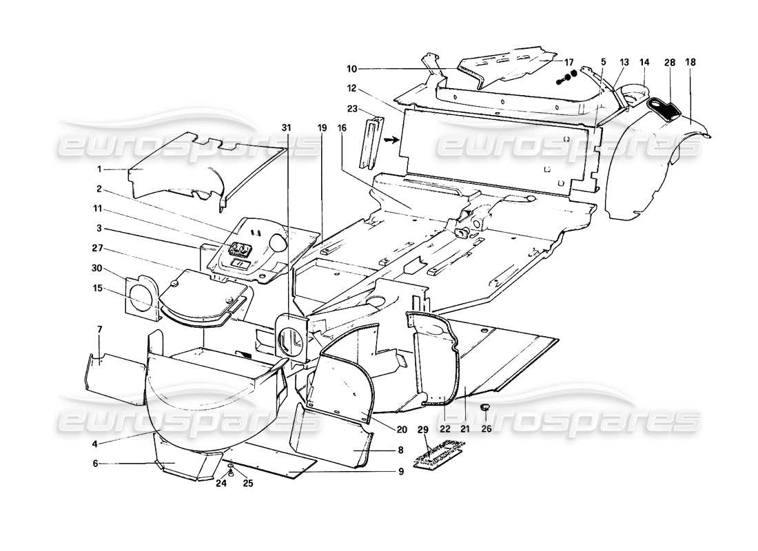 ferrari 308 quattrovalvole (1985) scocca - diagramma delle parti degli elementi interni