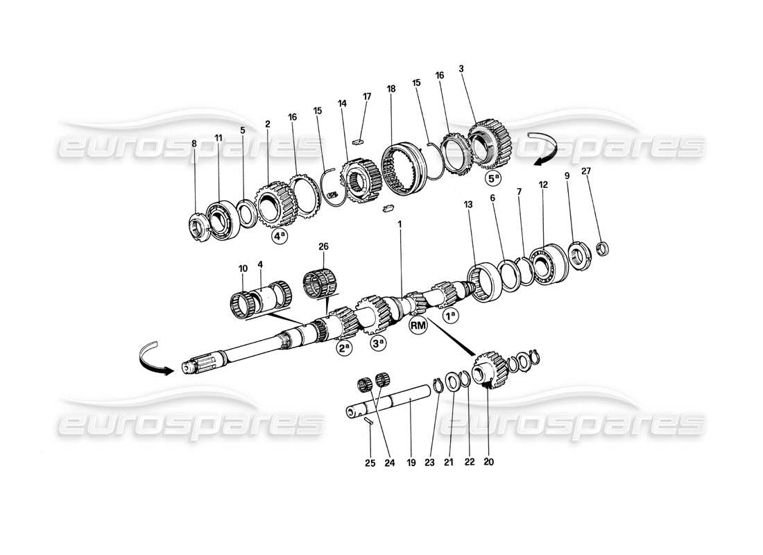 ferrari 308 quattrovalvole (1985) diagramma delle parti degli ingranaggi dell'albero principale