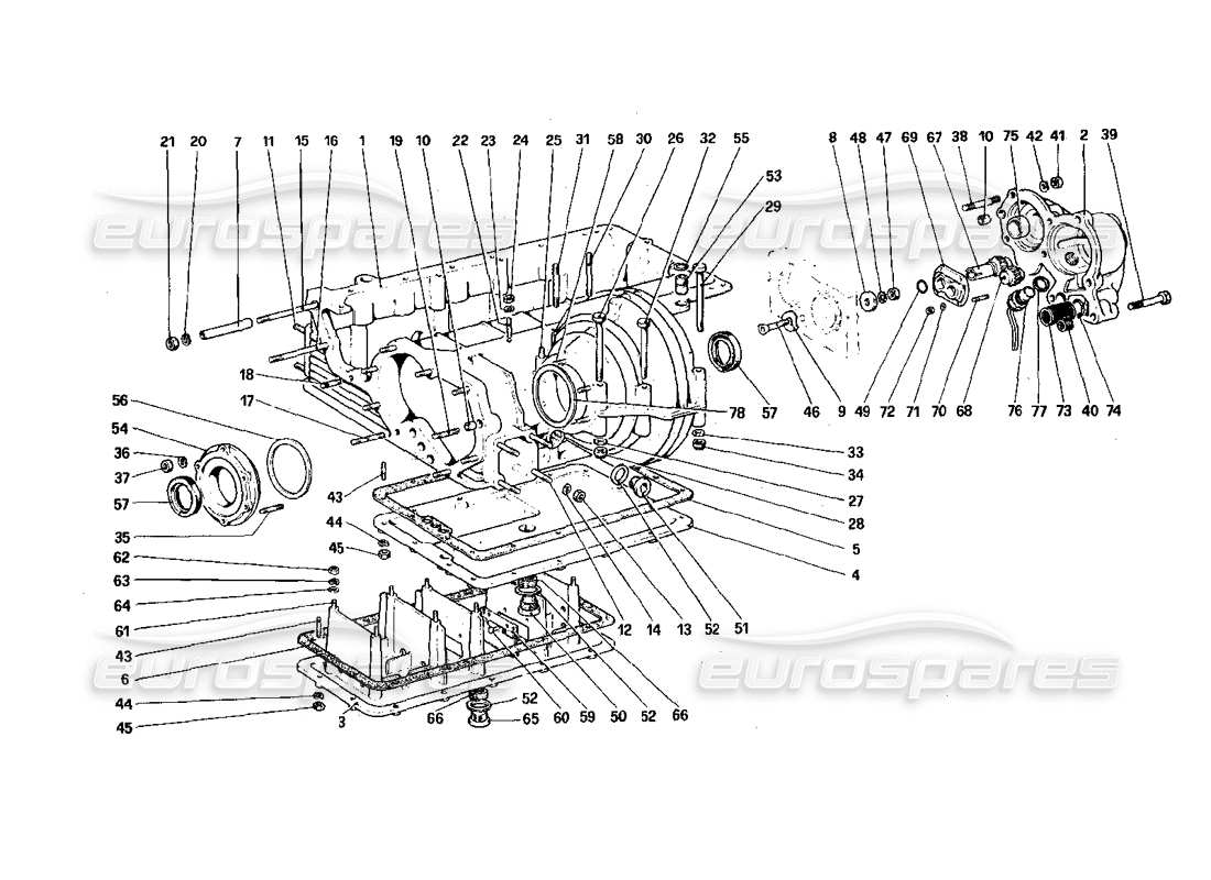 ferrari 308 quattrovalvole (1985) schema delle parti del cambio: alloggiamento del differenziale e coppa dell'olio