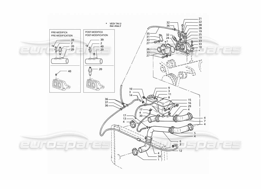 maserati ghibli 2.8 (abs) tubi e termostato di raffreddamento del motore diagramma delle parti
