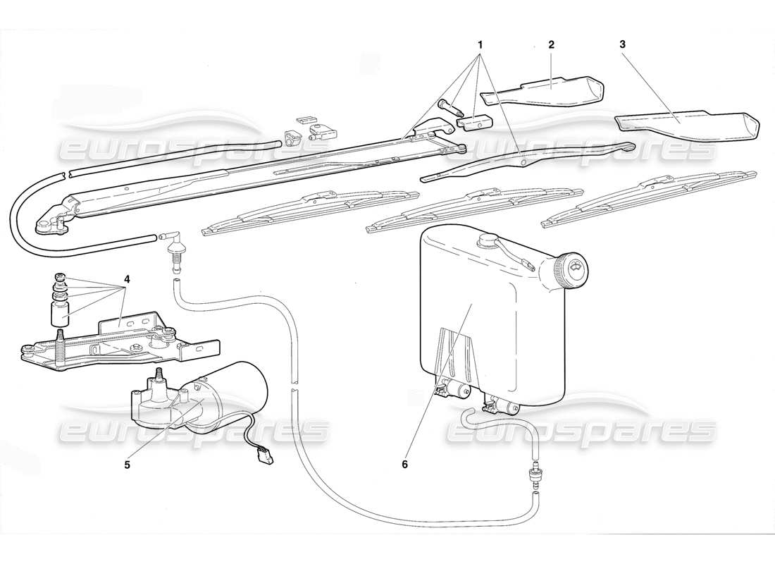 lamborghini diablo vt (1994) diagramma delle parti del tergicristallo e dei lavafari (valido per la versione rh d. - aprile 1994).