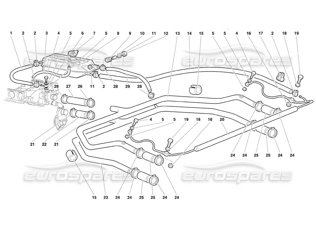 lamborghini diablo vt (1994) diagramma delle parti del sistema di raffreddamento ad acqua