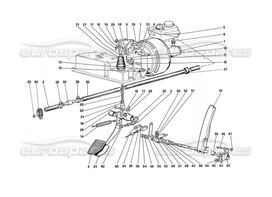 ferrari mondial 3.2 qv (1987) schema parziale del controllo dell'acceleratore e del sistema idraulico dei freni (per auto senza sistema antislittamento - varianti per versione rh d).