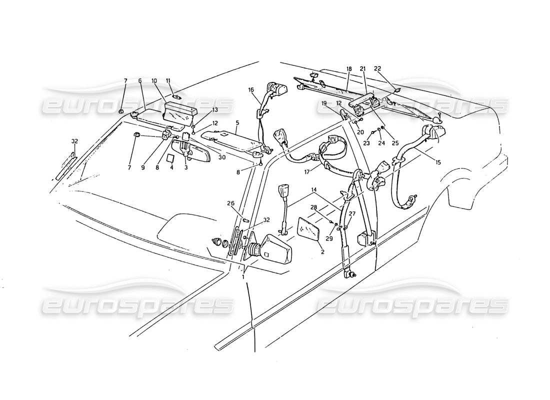 maserati biturbo 2.5 (1984) cinture di sicurezza, specchietti e visiera parasole diagramma delle parti