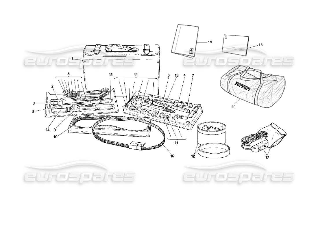 ferrari 512 tr kit di strumenti: diagramma delle parti di attrezzature e accessori