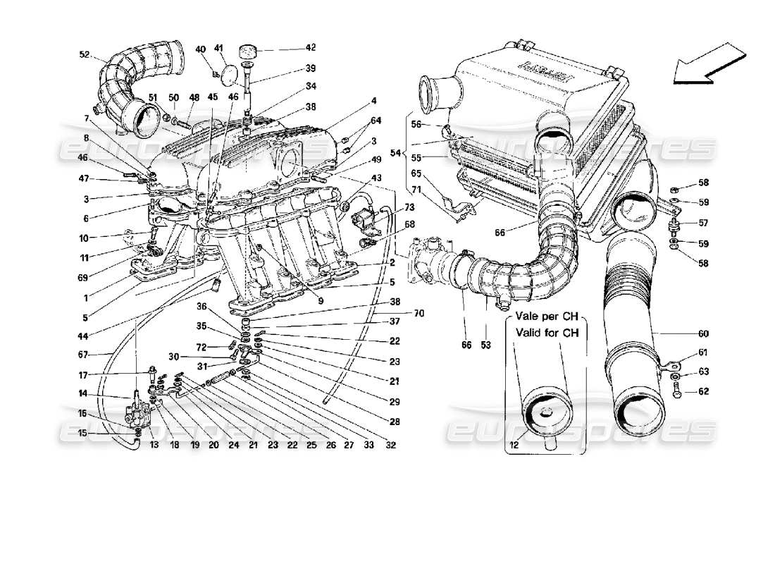 ferrari mondial 3.4 t coupe/cabrio collettori e aspirazione aria - schema delle parti motronic 2.5