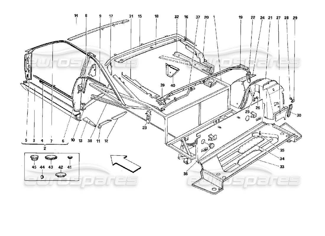 ferrari mondial 3.4 t coupe/cabrio scocca: elementi interni - parte posteriore - schema delle parti coupé
