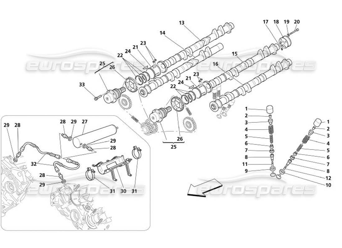 maserati 4200 spyder (2005) distribuzione: diagramma delle parti delle punterie