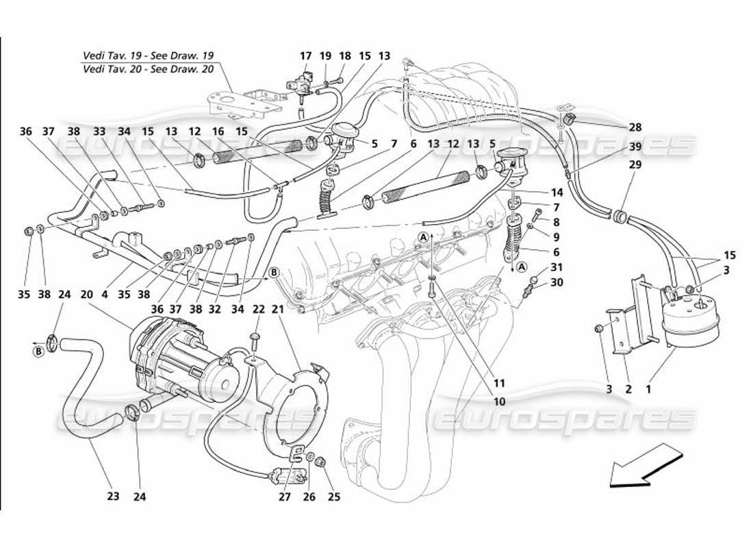 maserati 4200 coupe (2005) schema delle parti del sistema d'aria secondaria