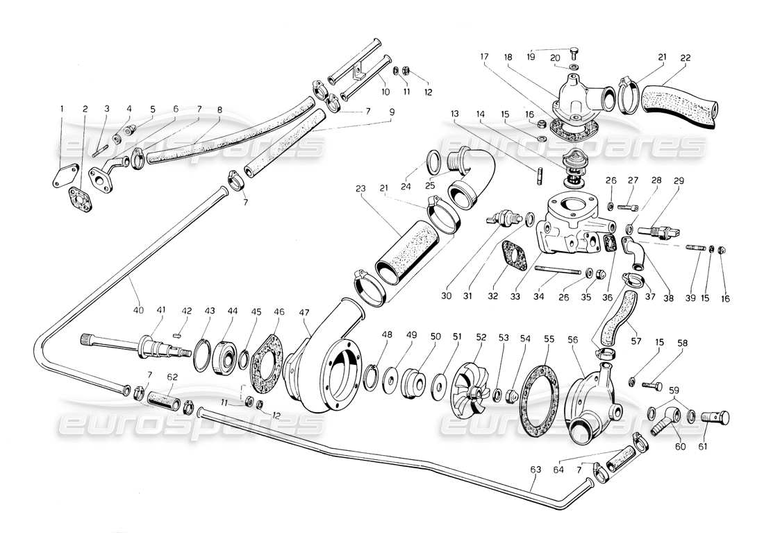 lamborghini countach 5000 qvi (1989) diagramma delle parti della pompa dell'acqua e del sistema