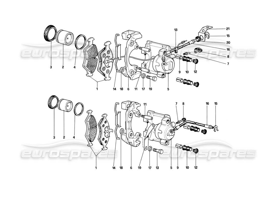 ferrari mondial 3.2 qv (1987) schema delle parti delle pinze dei freni anteriori e posteriori